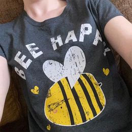 Women's T Shirts Fashion T-Shirt Short Sleeve Bee Happy Slogan Print Pattern Clothing Casual