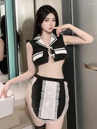 Casual Dresses Sexy Servant Uniform Underwear Dress Elegant Lace Mesh Sweet Cosplay Maid Fashion Korean Women Tops 2024 JJR7