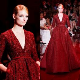 Gorgeous Elie Saab Red Noble Evening Dresses Celebrity Dresses Sequins Shining Deep V-neck Floor Length Long Sleeves Runway Formal Dres 261w
