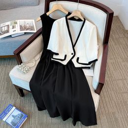 Work Dresses Spring Summer Two-piece Set For Women Cardigan Top And Tank Dress Female Large Size Casual Black White Office Elegant Match