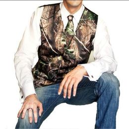 Camo Wedding Vests Hunter Groom Vest Tree Trunk Leaves Spring Camouflage Slim Fit Men's Vests 2 piece set Vest Tie Custom Made 209w