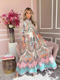 Elegant Print Single Breasted Patchwork Maxi Dres Long Sleeves Lace Up Loose Vestidos 2024 Spring Summer Chic Dresses 240509