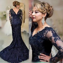 Plus Size Long Sleeve Navy Blue Lace Mother Of The Bride Dresses 2019 V Neck Beads Women Party Evening Gowns Wedding Guest Gowns 248b