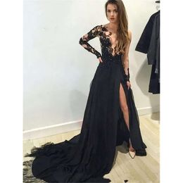 Arabic Dresses Sexy See Through Long Sleeve Prom Party Appliques Lace High Side Slit Black Chiffon Evening Dress Q81 0510