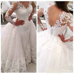 2020 Modest Sheer Long Sleeves Lace Appliques Wedding Dresses With Detachable Train Beaded Bridal Gowns Formal Vestidos De Marriage 232C