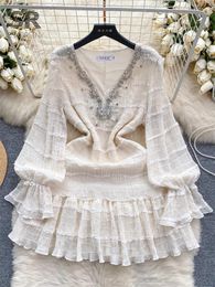 Casual Dresses SINGREINY Beading Ruffles Luxurious Summer Dress Women Long Sleeve Slim V Neck Fashion 2024 Ladies White Midi