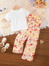 Clothing Sets 2PCS Summer Child Girl Set Short Sleeve White T-shirt Flower Strap Pants Fresh Pastoral Wear For Kids 4-7 Years