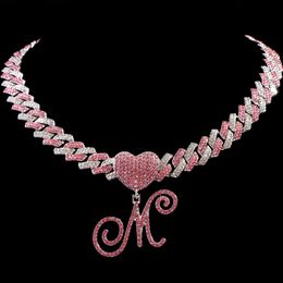 Fashion Pink Crystal A-Z Initial Cursive Letter Pendant Necklace for Women Iced Out Rhinestone Prong Cuban Link Choker Jewellery 240508