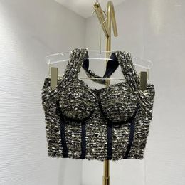 Women's Tanks 2024 High Quality Spring Summer Gold Tweed Slim Fit Halter Crop Sexy Tops For Women Lady Female