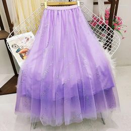 Skirts Big Hem Long Tulle Skirt Women Korean Casual Simple Solid 3 Layers A Line High Waist Maxi Female Lady Purple Q790