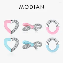 Stud Earrings Modian 925 Sterling Silver Simple Enamel Hearts Ear Studs Trendy Round Bowknot CZ Female For Women Fine Jewellery