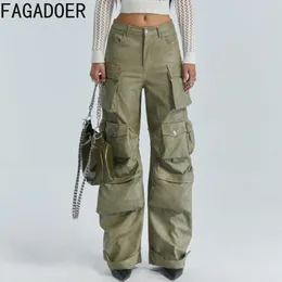 Women's Pants FAGADOER Fashion Streetwear Women PU Leather High Waist Button Pocket Cusual Female Loose Straight Trousers Wide Leg