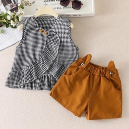 Clothing Sets Humour Bear Girls Suit Summer Korean Shorts Plaid Flying Sleeve Tops Casual Clothes For SET