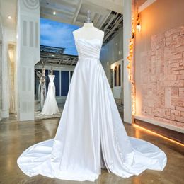 Hire Lnyer Sweetheart Neck Zipper Up Back Sexy Skirt Slit Simple A-Line Satin Wedding Dresses Real Office Photos Video