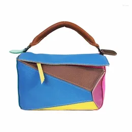 Bag Ladies Cowhide Portable Messenger Small Square Rhombus Colour Matching Geometric Leather Large Capacity