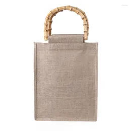 Shopping Bags Portable Burlap Jute Bag Handbag Bamboo Loop Handles Reusable Tote Grocery For Women Girls