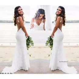 Country Beach Full Lace Bridal Sleeveless Bohemian Dresses Backless Wedding Gowns Straps V Neck Spaghetti Robe De Mariage 0510