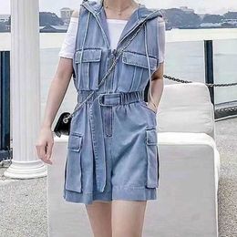 Women's Jumpsuits Rompers Hooded Jumpsuits Summer Denim Pants Wide Leg Shorts Bodysuits Women Korean Style Slveless One Piece Outfits Women Clothing Y240510