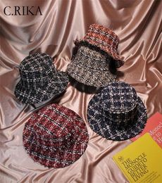 Autumn Winter Women Tweed Hats Bucket Hat Caps Chic Plaid 5 Colors Fisherman Panama Knitted Bucket Hat T2001168806663