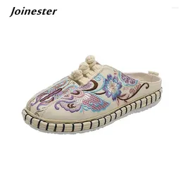 Slippers Flat Heeled Embroidered Casual For Women Cotton Fabric Ethnic Slides Ladies Closed Toe Retro Mules Outdoor Summer Shoes