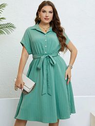 Plus size Dresses Turndown Collar Button Belt Female Midi Oversized Dresses Urban Casual Short Slve Summer Dress For Women Plus Size Clothing Y240510