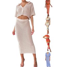 WPNAKS Women Hollow 2 Piece Skirts Sets Summer Clothes Short Sleeve Knit Button Crop Tops and Long Skirt Set Sexy Club 240510