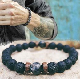 Natural Volcanic Lava bracelet Rock Stone Strand Bracelets Wood bead Black Charm Stone Jewellery Women Men accessories Gift6660547