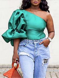 Women's Blouses Women Blouse One Shoulder Puff Sleeves Sexy Elegant Tops Green Large Size Shirt 2024 Fashion Party Female African Spring