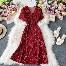 Urban Sexy Dresses 2024 Button Red Elegant Sexy Dress Womens Summer V-neck Polka Dot Midi Dress Waist Panel Dress Vestidos de Fiesta DressL2405