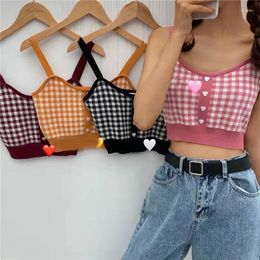 Women's Tanks 2024 Girl Crop Top Women Plaid Buttons Spaghetti Camis Club Sexy Slim Knitting Female Tank Tops Ladies Sleeveless Solid Simple