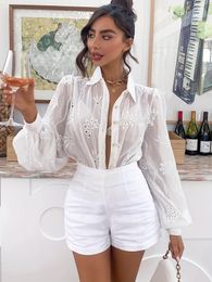 Womens Plus Size Spring Elegant Shirt Female Oversize Solid Color Laple Collar Hollow Pattern Embroidered Long Sleeve Top 240426