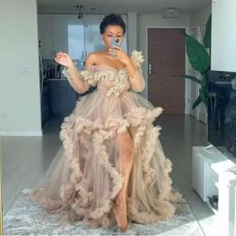 Off Shoulder Illusion Ruffles Long Sleeve Prom Dress Women Winter Sexy Kimono Pregnant Party Sleepwear Women Bathrobe Sheer Nightgown R 238O