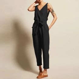 Baumwollwäsche ärmellose Frauen Jumpsuit Kausaler solider Vneck -Kordelschnüre -up Taille gerade Bein Jumpsuits Plus Size 240510