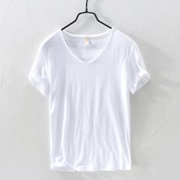 Summer 100% Cotton T-shirt Men V-neck Solid Colour Casual T Shirt Basic Tees Plus Size Short Sleeve Tops Y2449 240506