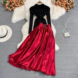 Work Dresses Autumn Winter Vintage Women Party Two Piece Set Black Knitted Tops High Waist Satin Skirt Suits Female Fashion 2024