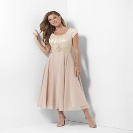 Champagne Tea Length Modest Bridesmaid Dresses With Sleeves Lace Chiffon Mother's Casual Wedding Party Dresses Brides Maids Dresse 299S