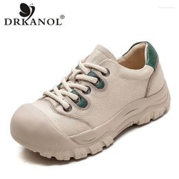 Casual Shoes DRKANOL Fashion Women Genuine Leather Anti-collision Round Toe Flat Platform Comfort Soft Lace-Up Leisure