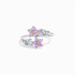 Cluster Rings Double Lilac Purple CZ Flower Ring Blue Cubic Zirconia Leaf 925 Sterling Silver Nature Inspired Jewellery For Women Adjustable