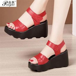 Dress Shoes 8cm Women's Sandals Summer Open Toe Leather Ladies Working Mom Women Platform Heels Female Size 32-43