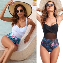 Women's Swimwear 24 Mesh One-Piece Swimsuit Solid Color Printing Stitching