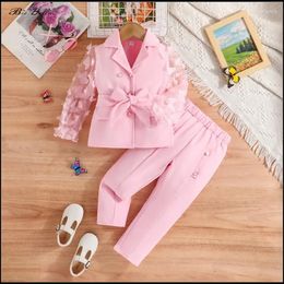 Clothing Sets 3-8 Year Children Girl Set Lace Sleeve Bowknet Full Coat Pants Birthday Show Gift Elegant Kids Clothes