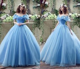 In Stock ! Vintage Princess Prom Dresses Butterfly Crystal Ball Gown Off Shoulder Light Sky Blue Cheap Evening Gowns2395327