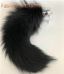 Black Genuine Real Fox Fur Tail Plug Metal Stainless Butt Toy Plug Insert Anal Sexy Stopper1353494