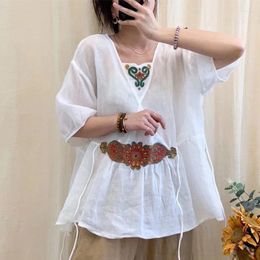 Women's Blouses Summer V-neck Fashion Short Sleeve Shirt Women High Street Casual Loose Pullovers Vintage Embroidered Cotton Chic Tops
