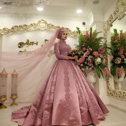 Dust Pink Islamic Muslim Arabian Wedding Dress with Long Sleeves High Neck Ball Gown Dubai Kaftan Arabic Bridal Gowns Satin 2019 208q