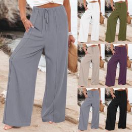 Women's Pants Summer Ice Silk Soft Wide Leg For Women Elastic Waist Daily Basic Solid Colour Straight Female Bandage Baggy Trousers