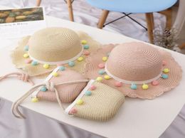 Wide Brim Hats Kids Girls Large Straw Woven Sun Protection Beach Hat Colorful Pom Ball Cute Summer Handbag SHT0077321524