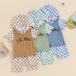 Clothing Sets Toddler Baby Boys Summer Shorts Short Sleeve Letter Checkerboard Print Hooded Tops And Drawstring