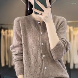 Women's Knits Spring Autumn Women Merino Wool Shirt Sweater Round Neck Knitted Cardigan Female Hollow Out Casual Warm Soft Top