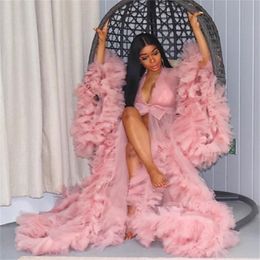 2023 Ruffles Pink Tulle Kimono Women Evening Dress Robe for Photoshoot Puffy Sleeves Prom Gowns African Cape Cloak Maternity Dress Phot 320J